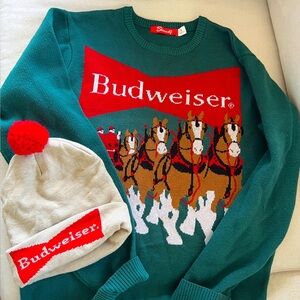 Budweiser vintage style Clydesdale horses holiday sweater , Size M and a beanie